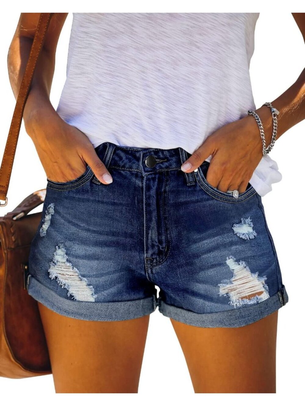 〽️Women's Jeans Shorts Dark Blue Distressed Mid Rise Folded Hem Summer Comfort